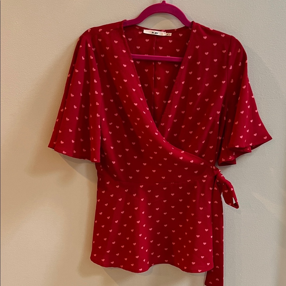 Mi Ami Red Heart Print Wrap Peplum Blouse with Flutter Sleeves Valentine’s Day